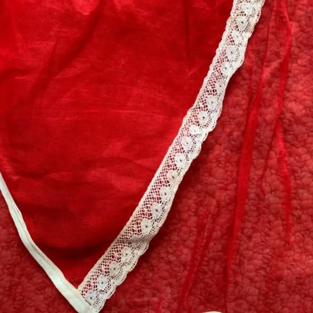 Vintage‎ 50s Red Sheer Half Apron White Lace Trim Tie Back Retro Sexy Housewife